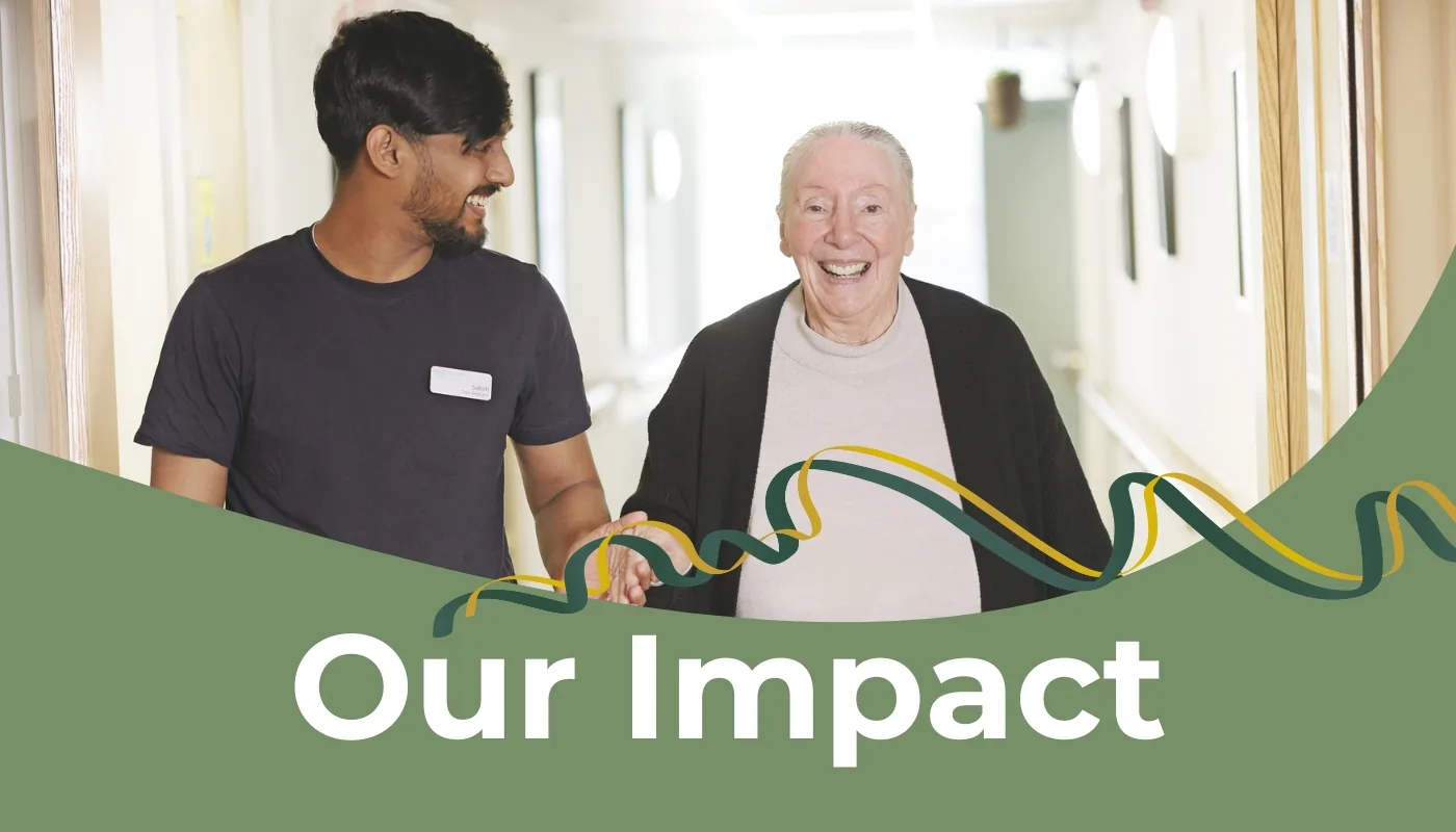 Carer and older resident in a care home with “Our Impact” banner, supporting strengthened social impact