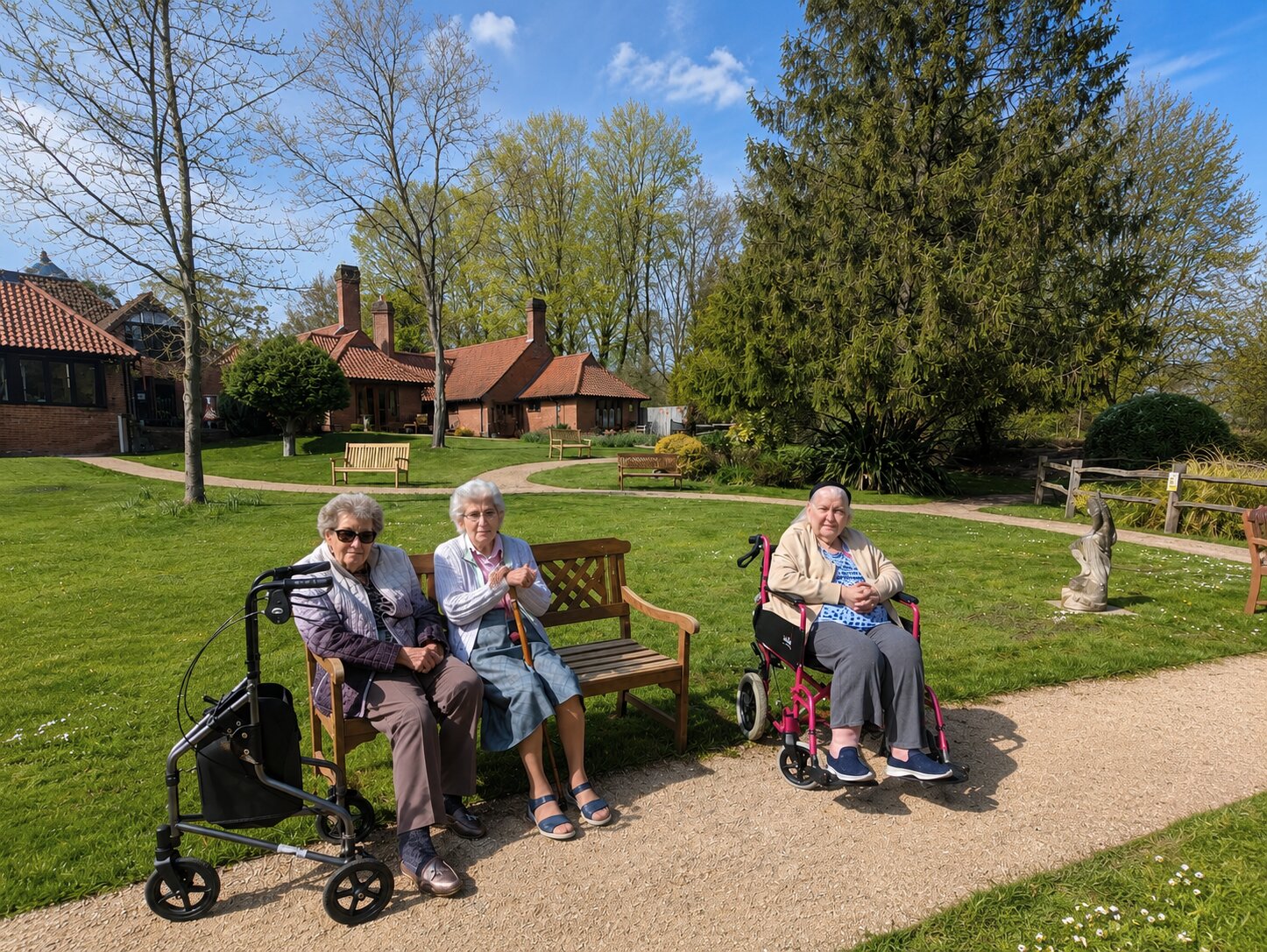 Broadacres residents relaxing in the sunlit landscaped gardens