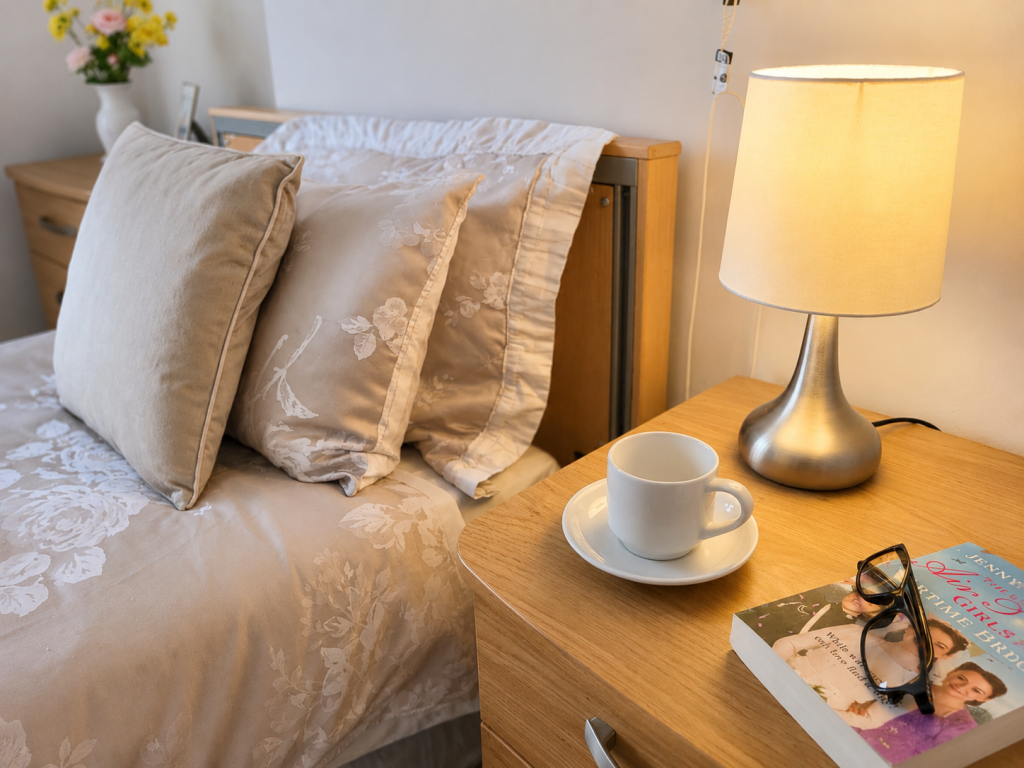 Grosvenor House double bedroom with bedside lamp and coffee cup