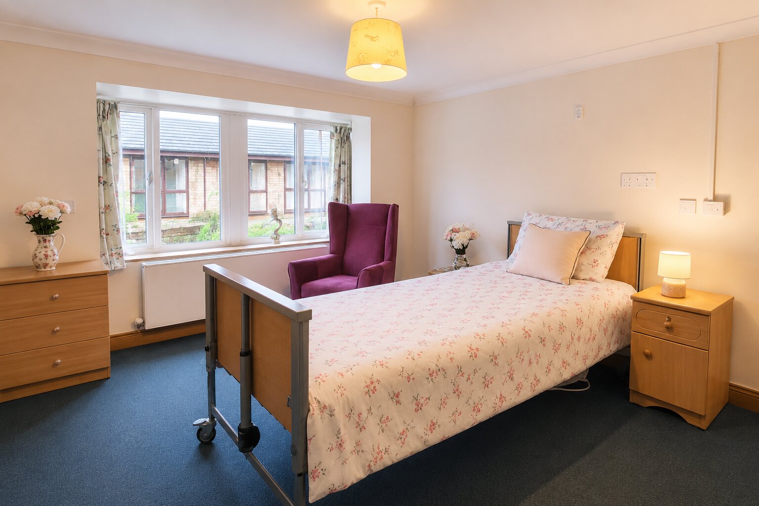 Rose Cottage single bedroom with floral bed linen and bay window